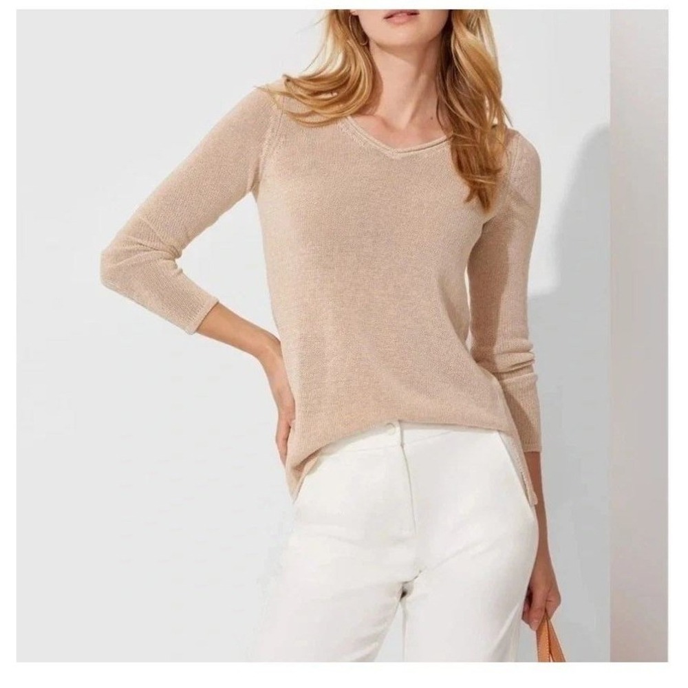 J.McLaughlin V-Neck Knit Callum Sweater Long Sleeve Champagne Beige Women Size M